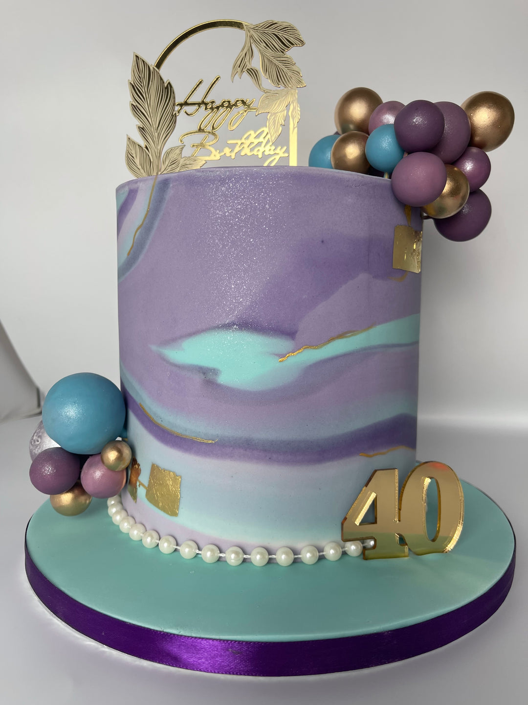 Elegant Purple & Teal Marble 40th Birthday Cake – Treav’s Sweet Excape, Woking Surrey
