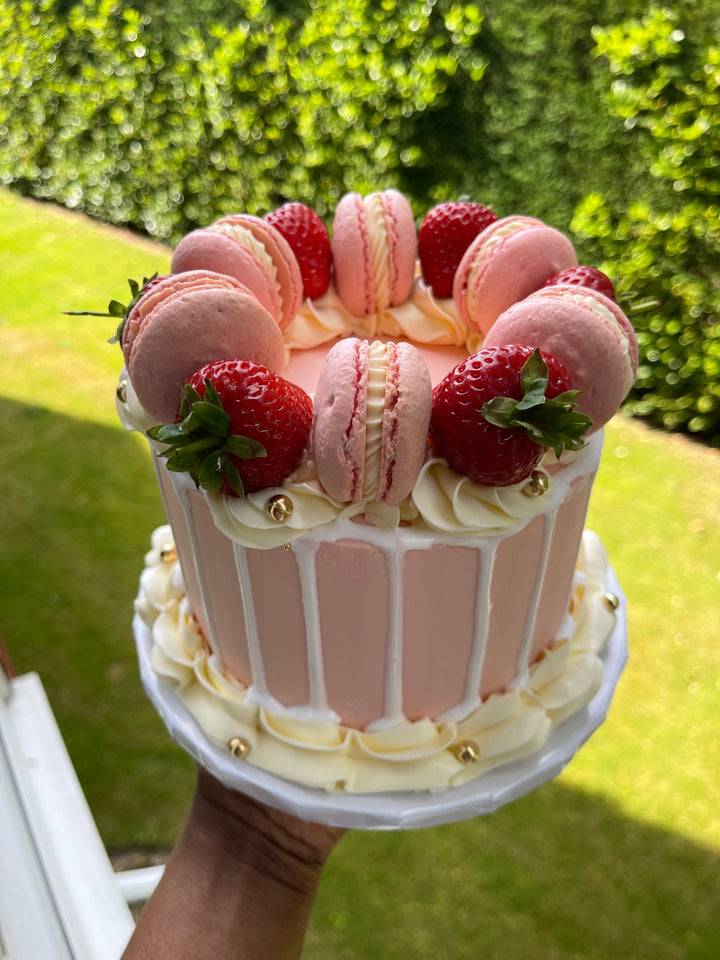 Pink Strawberry Drip Cake with Macarons – Custom Birthday Cake | Woking, Surrey