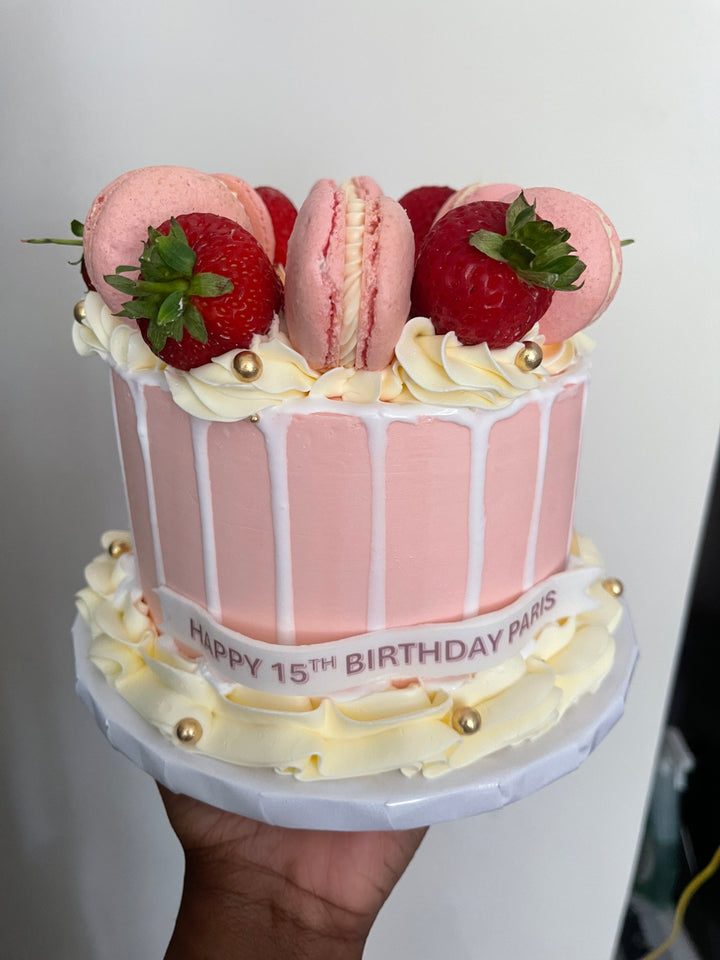 Pink Strawberry Drip Cake with Macarons – Custom Birthday Cake | Woking, Surrey