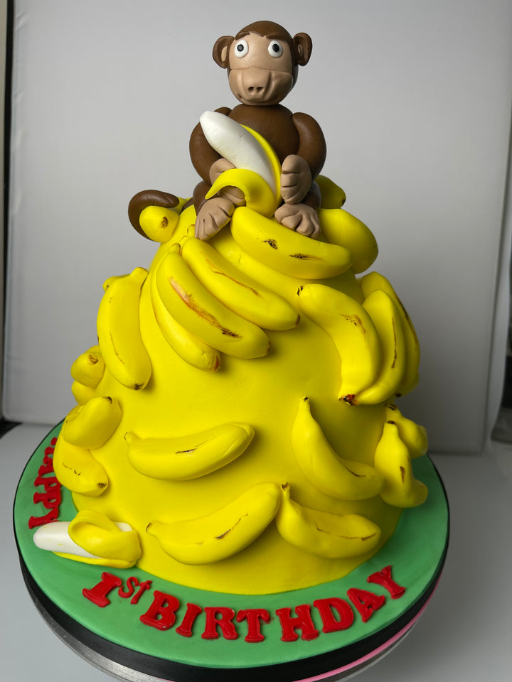Banana Monkey Cake. Fun 1st Birthday Cake | Woking, Surrey | Vegan, Eggless, GF Options