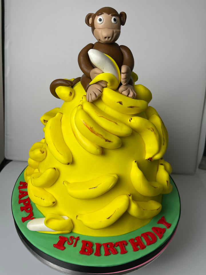Banana Monkey Cake. Fun 1st Birthday Cake | Woking, Surrey | Vegan, Eggless, GF Options