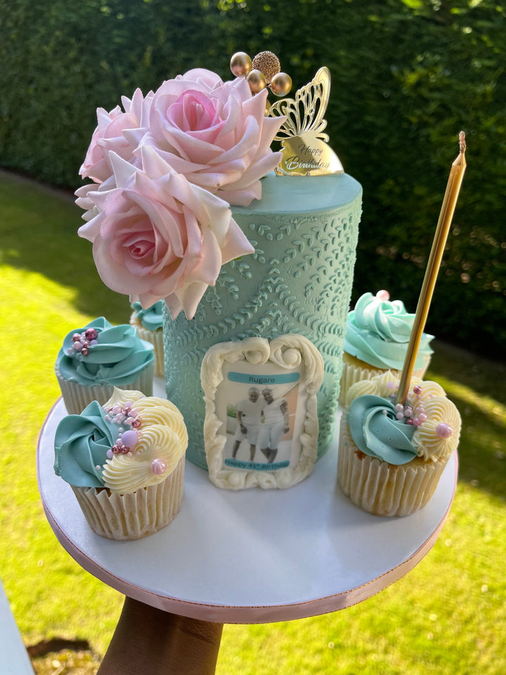 Elegant Floral Birthday Cake and Cupcakes Set