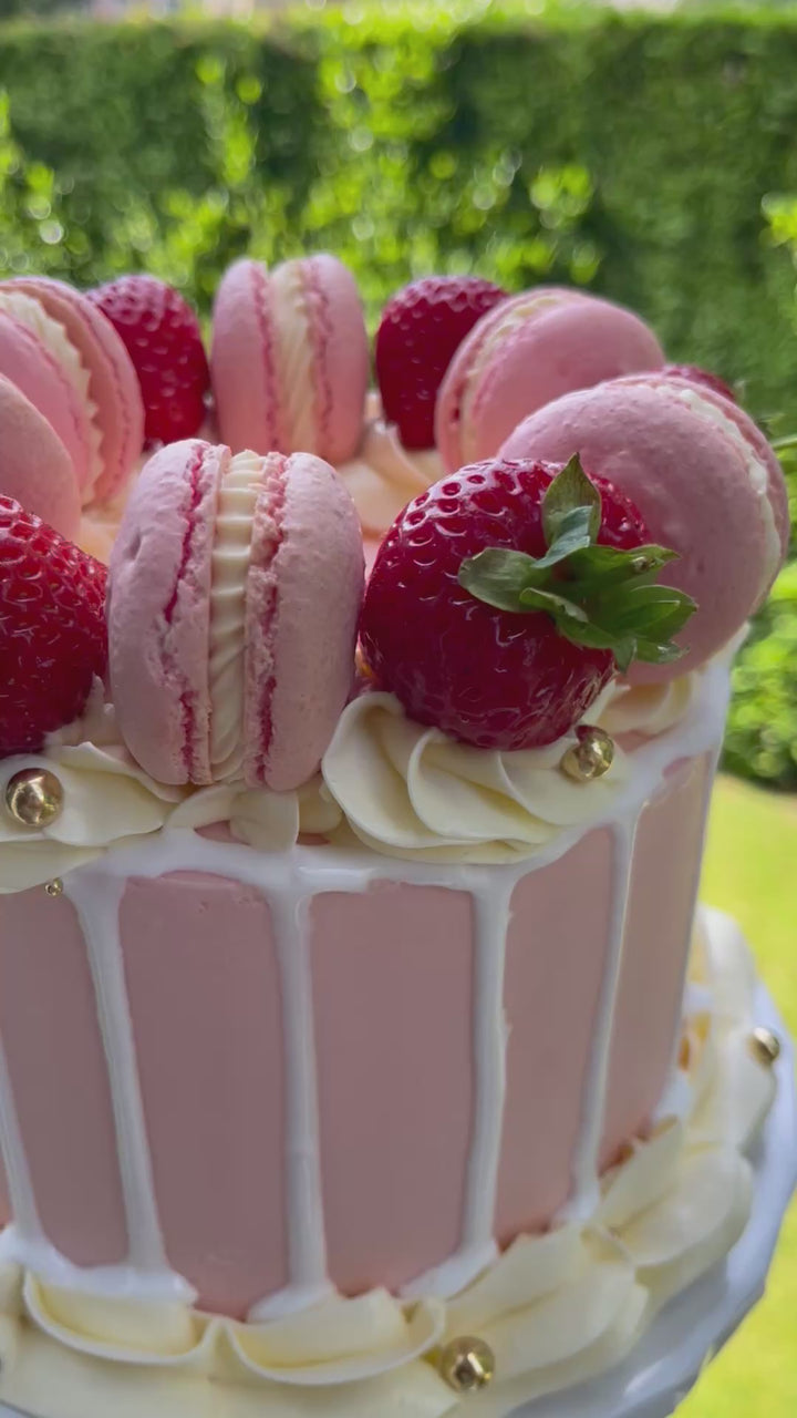 Pink Strawberry Drip Cake with Macarons – Custom Birthday Cake | Woking, Surrey